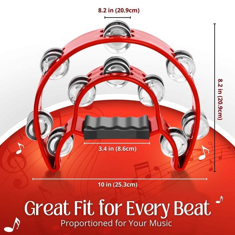 Flexzion Tambourine Metal Half Moon Musical Instruments Double Row Metal Jingles Hand Held Instruments Percussion with Ergonomic Handle Grip, Tambourines for Adults, 2 Packs - Red - Image 4